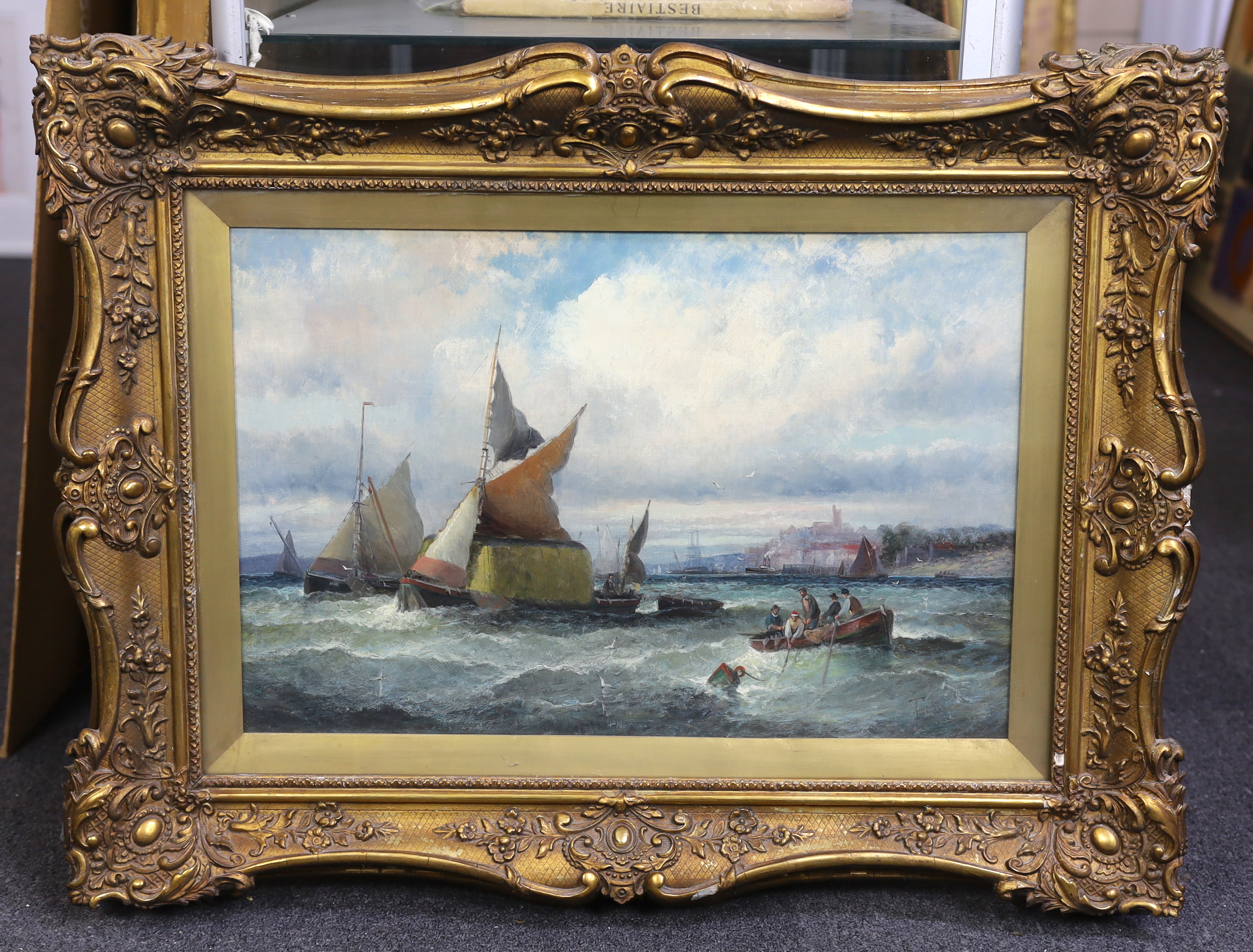 Hubert Thornley (William Anslow Thornley) (fl.1859-1898), Hay barges and other shipping off the coast, oil on canvas, 40 x 60cm